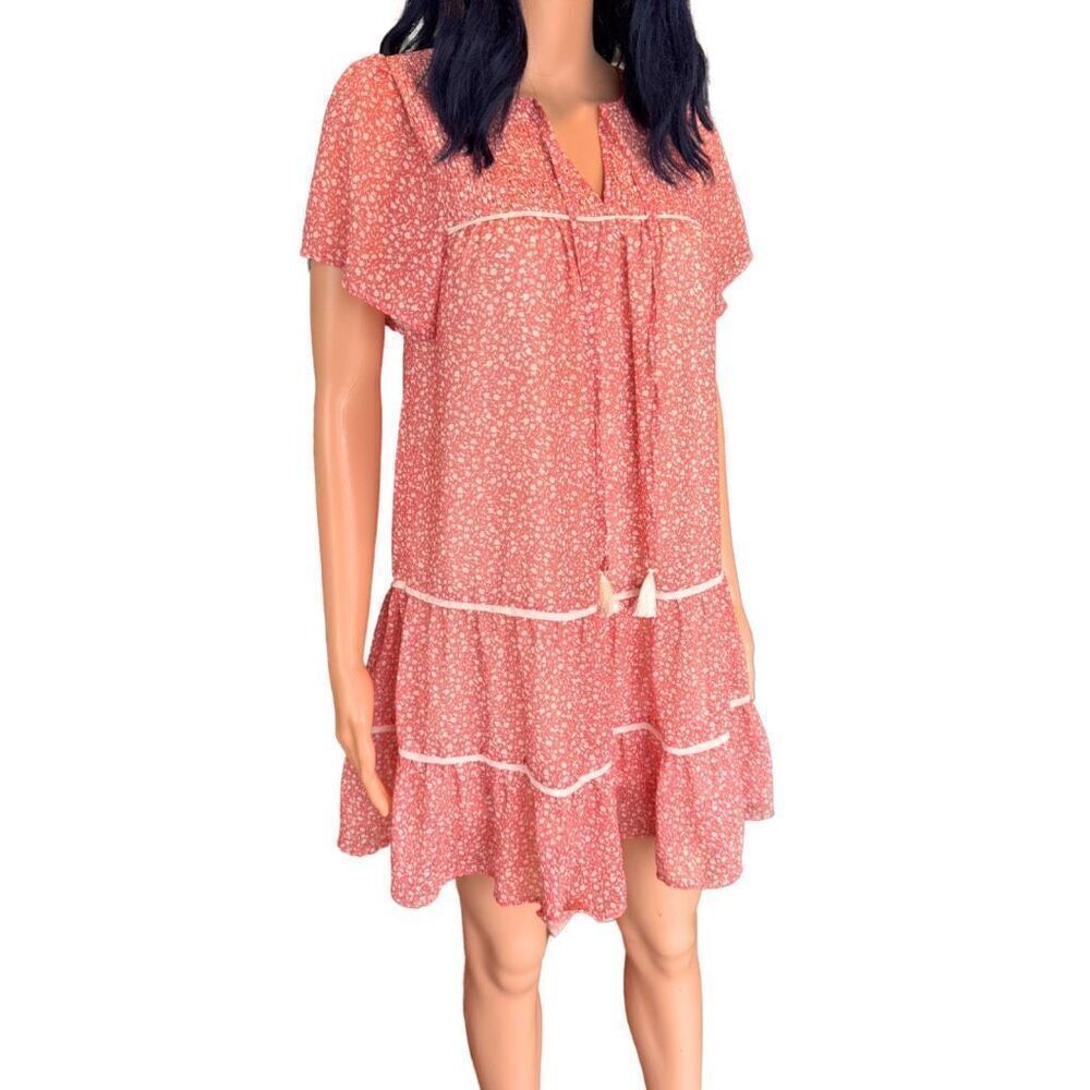 Promesa Boho Floral Mini Dress Small Pink Cottagecore Tiered Ruffle Tassel NWOT - Picture 3 of 6